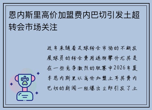 恩内斯里高价加盟费内巴切引发土超转会市场关注 恩内斯里高价加盟费内巴切引发土超转会市场关注